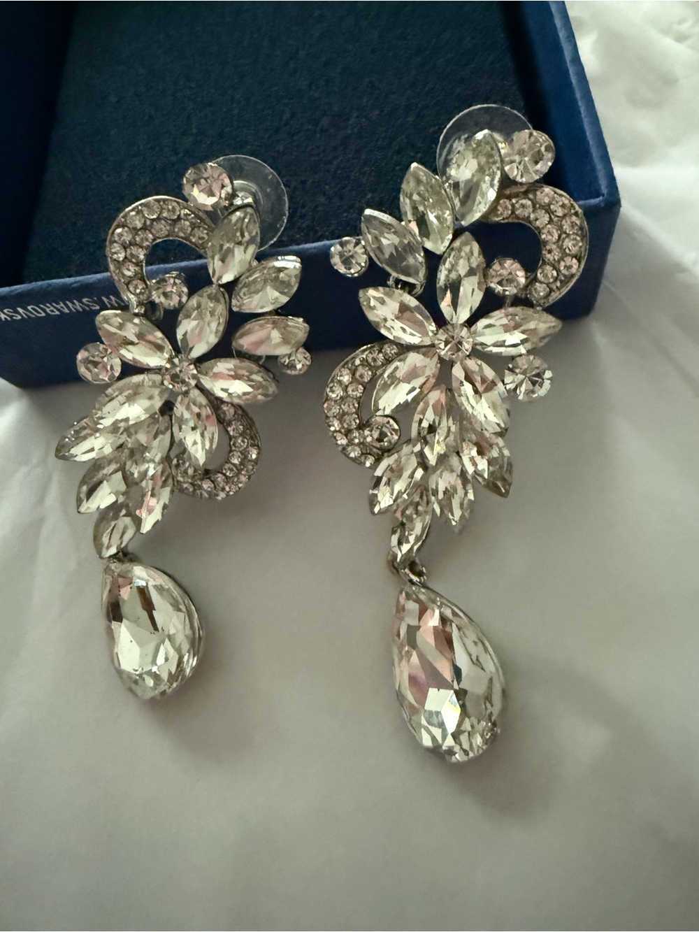 Crystal Floral Drop Earrings - Silver Tone